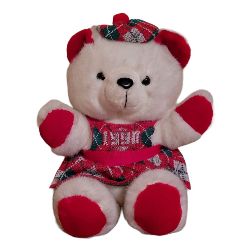 Vtg 1990 Kmart Dan Dee Christmas White Teddy Bear Plush Plaid Dress